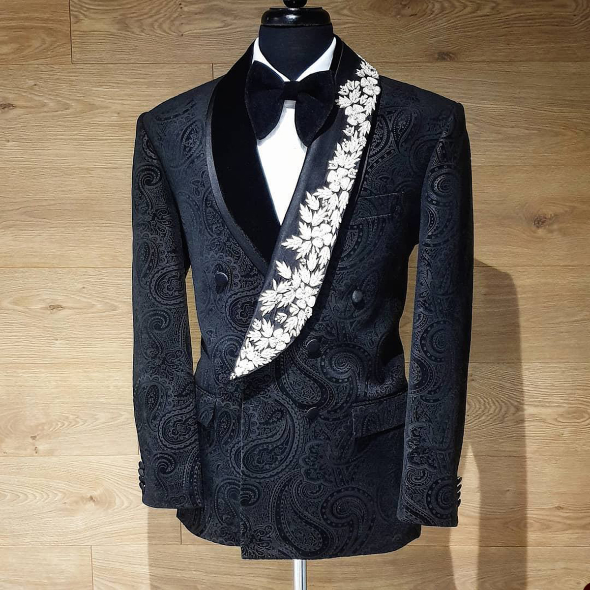 Costumes pour hommes à motif Floral sur mesure pour mariage marié Tuxedos Blazer manteau pantalon noir ajustement Costume de bal Homme 2 pièces