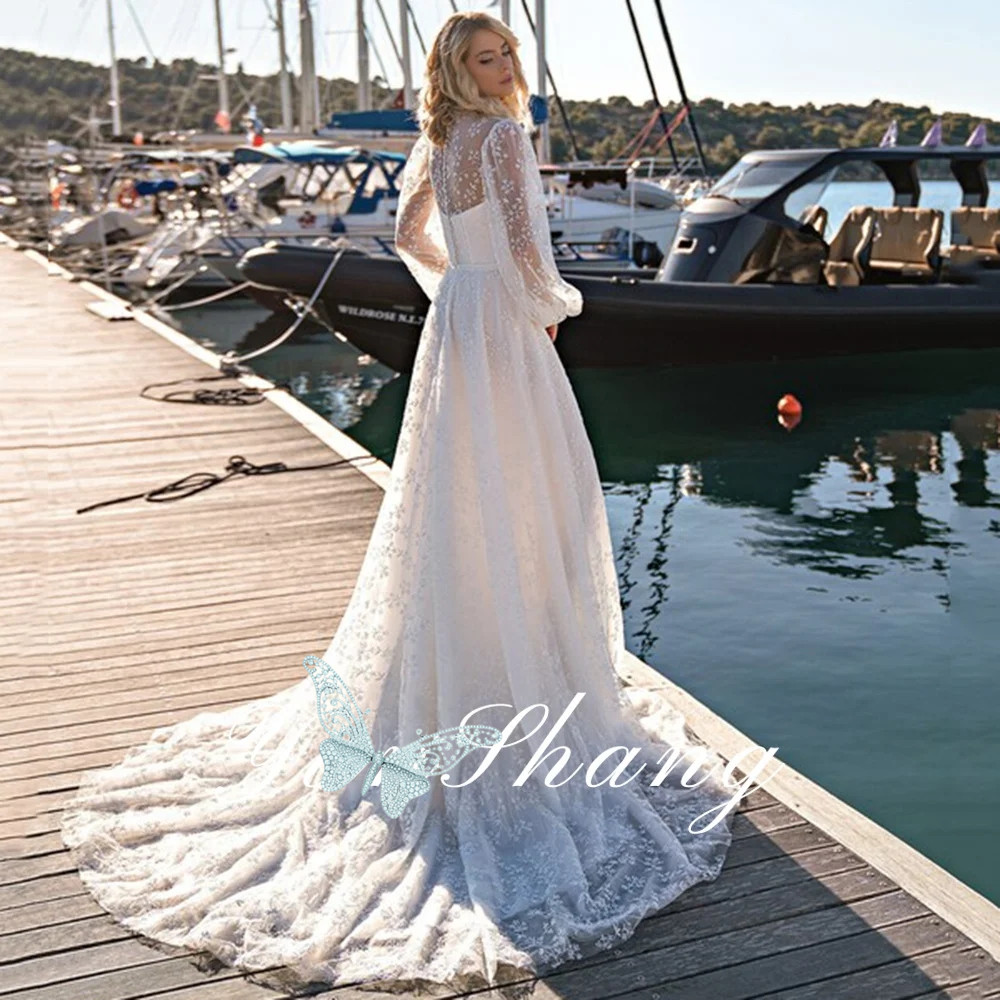 High Neck Wedding Dresses Long Sleeves Lace Applqiues Beach A-Line Bride Gowns Button Sweep Train Vestido De Novia