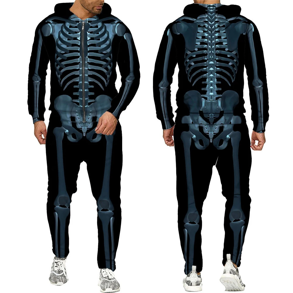 Survêtements pour hommes Halloweeen Cosplay Skeleton Splanchna 3D All Over Print Zipper Survêtements Pantalons à capuche pour hommes 2 pièces Ensemble Streetwear Costumes 231011