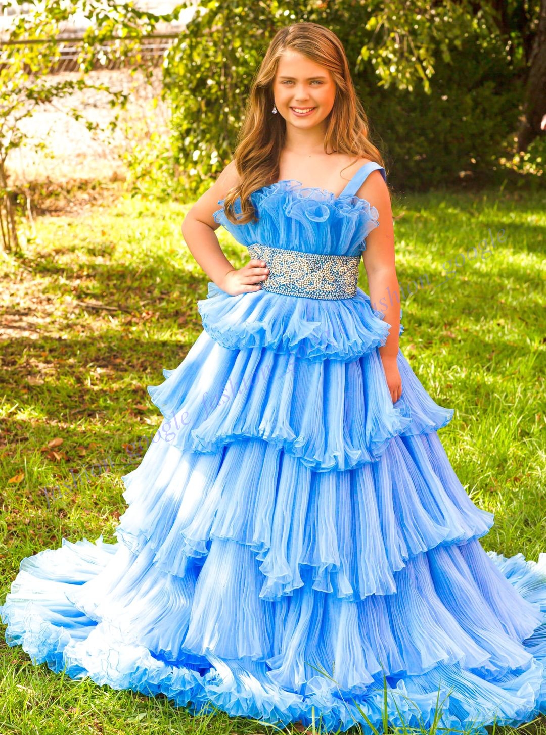 Ruffles Girl Pageant Dress 2024 Crystals Waistband Tiered Organza Little Kids Fun Fashion Runway Drama Gown Toddler Teen Preteen Miss Sherri Periwinkle Pink Sage