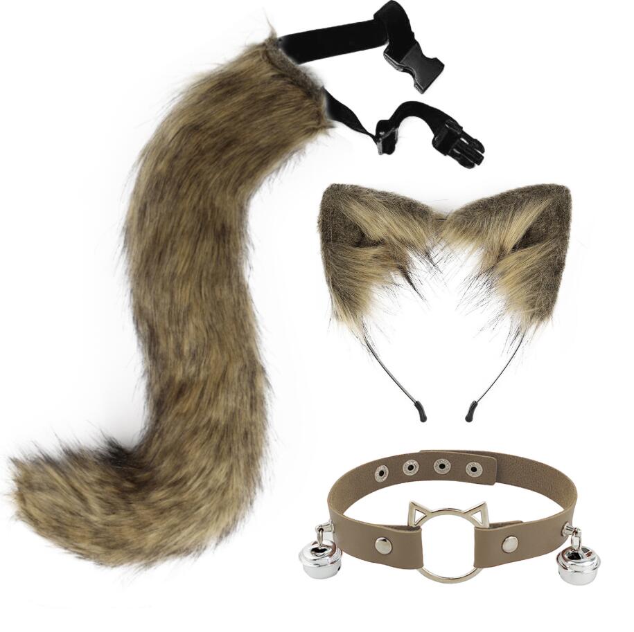 Europe et états-unis Cosplay à la main Simulation oreilles de renard en peluche bandeau de cheveux queue de renard ensemble Plus personnalité collier Punk 3 pièces/ensemble