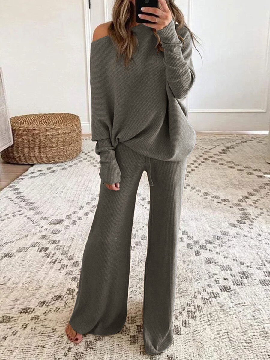 Soild Two Piece Set Women Casual Pullover Top and Wide Leg Pants Sets Outfits Free Ship