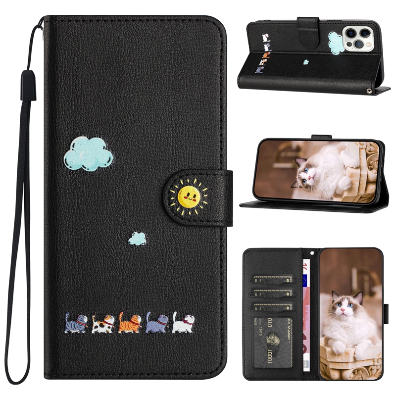 Étuis portefeuille en cuir PU de chat mignon pour iPhone 15 Plus 14 13 Pro MAX 12 11 XR XS X 8 7 6 Fashion Clound Sun Smile Flip Cover Cartoon Lovely Animal Credit ID Card Slot Holder Pouch