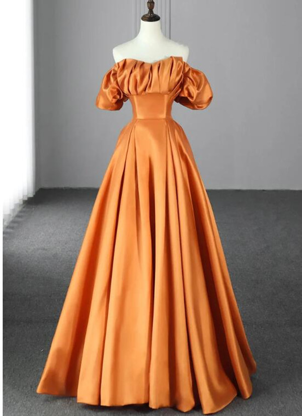 A-Linie, orangefarbenes Satin-Abschlussball-Partykleid, lange Abendkleider, schulterfreie Abendkleider, elegante Damen-Partykleider