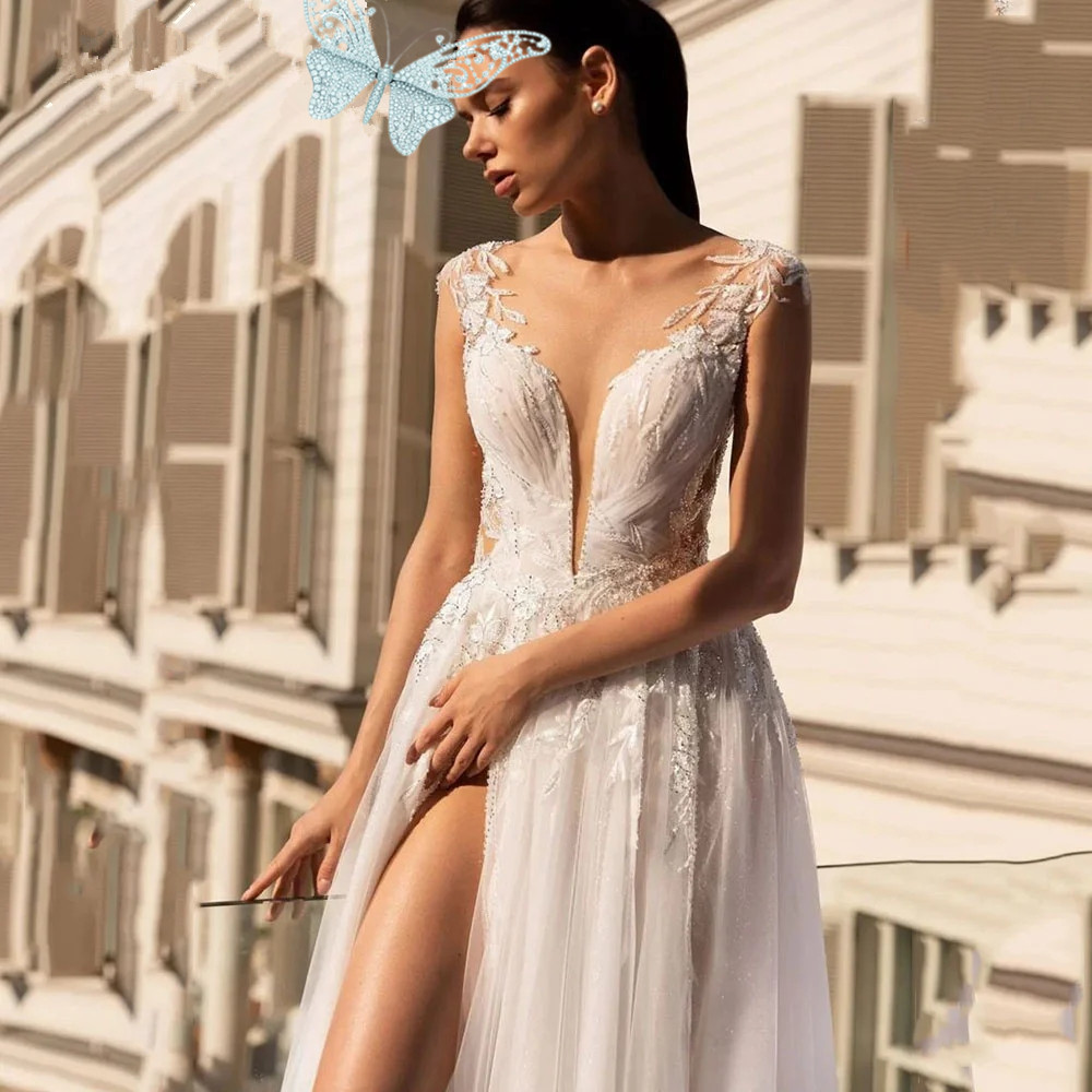 Sexig djup v-hals bröllopsklänning mössa ärmhylsa hög sidospart strand rygglös brud klänning knapptåg vestido de novia