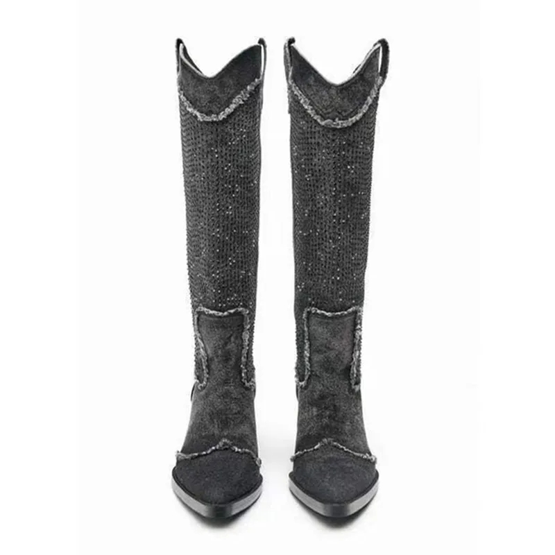 2023 novo estilo botas jeans para mulheres botas altas de cristal franja saltos grossos sapatos de luxo retro senhoras deslizamento-em botas chelsea