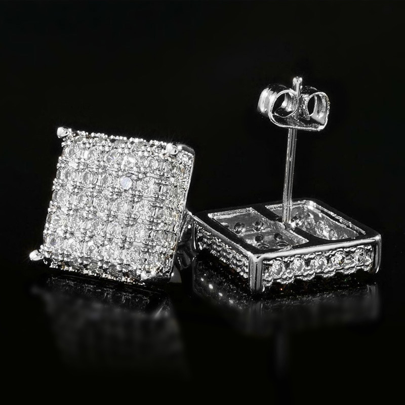 Stud Earrings Women's Crystal White Zirconia Stud Earrings Designer Micropaved Hip Hop Square Studs Luxury Gold Studs