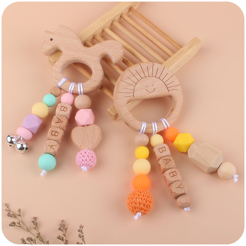 Baby Teether Toys Natural Wooden Silicone Teething Beads Newborn Teeth Practice Food Grade Soother Infant Feeding Cartoon Animals Kids Chew Toy