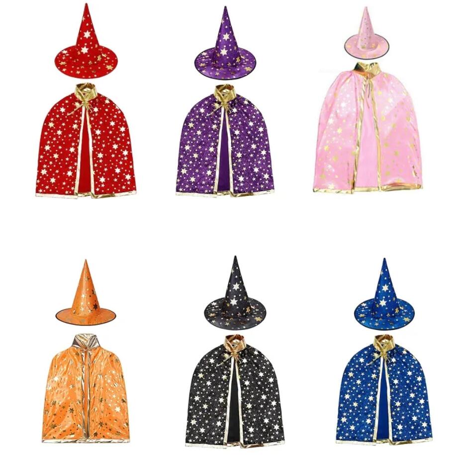 Children Halloween Cloak with Witch Hat Teens Christmas Costume Kids Star Party Robe Boy Girl Birthday Lace Up Photography Props