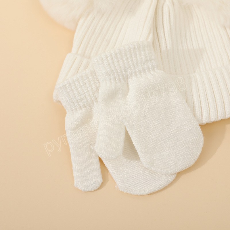 sevimli kış bebek şapka eldivenleri set çifte pompom çocuklar kızlar kızlar örme bere kapak katı çocuklar açık sıcak kapaklar eldiven