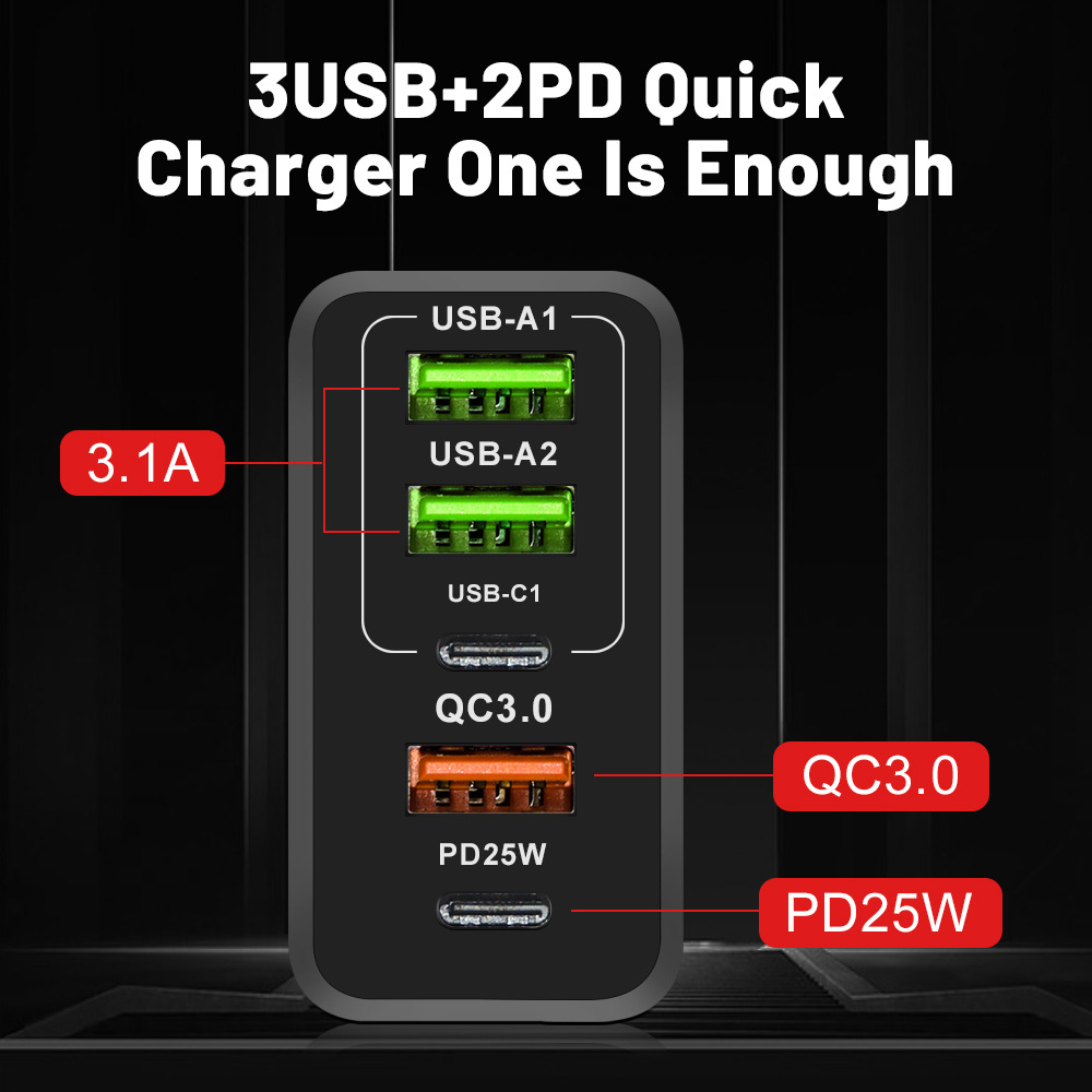 65W GAN USB-C Charger 5 Port PD 25W USB Type C Fast Charging QC3.0 Power Adapter Wall Actrgers US EU UK Plugs for iPhone 15 Plus Samsung Utral Pro Max Home Home الهاتف الذكي