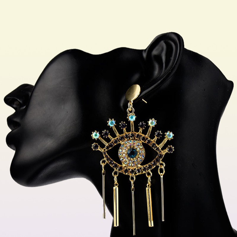 New Fashion exaggerated famous brand designer Devil039s Eye Earrings Alloy Fringe with Diamond Blue Eye Stud Earrings3672450