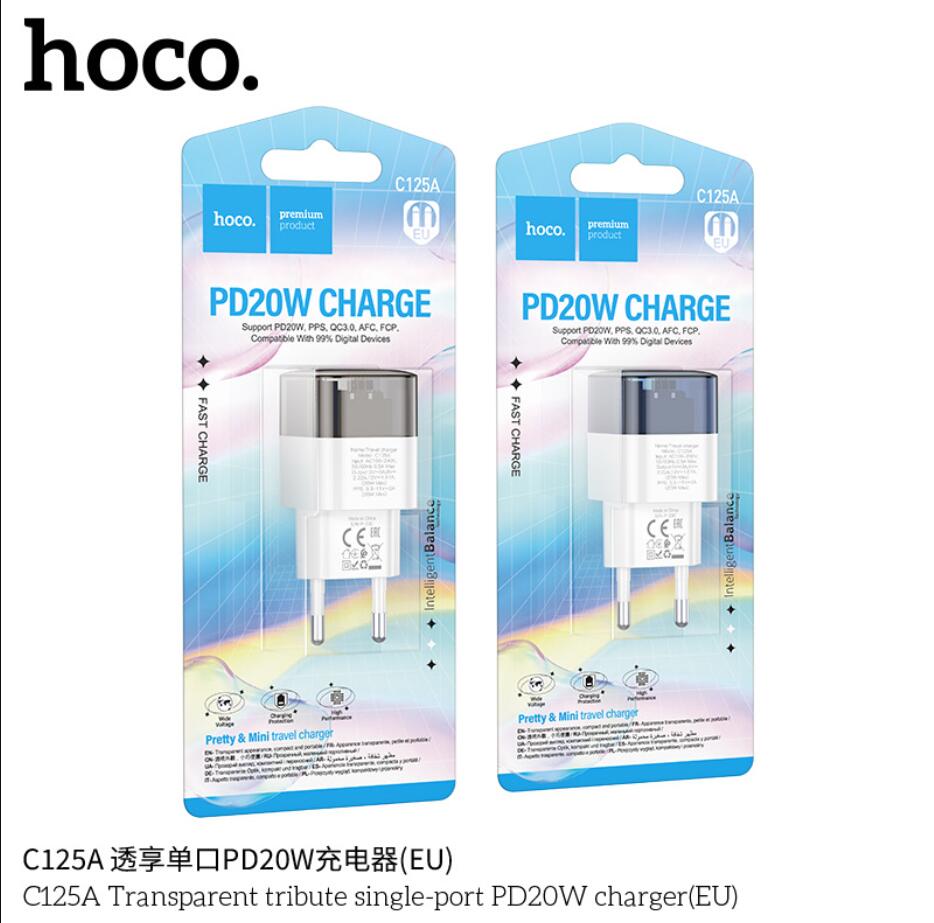 HOCO C125A USB C 18W 20W PD prise ue conception transparente chargeur rapide pour chargeur de téléphone portable avec kits de câbles type-c à type-c