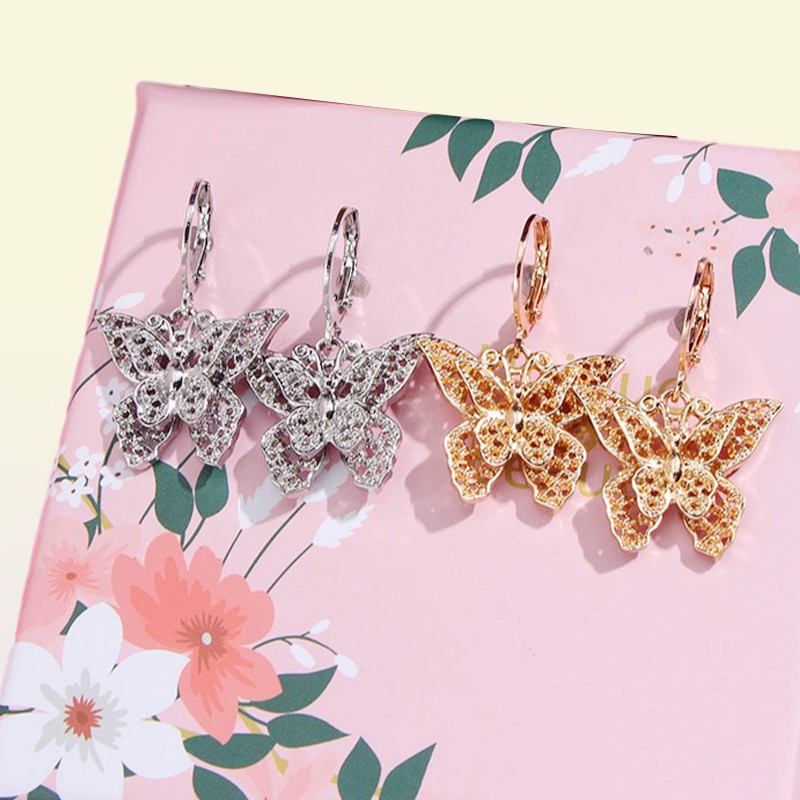 Flatfoosie Set Fashion Butterfly Drop Earrings For Women Gold Silver Color Hollow Butterfly Earring Sets Exquisite Jewelry2845457