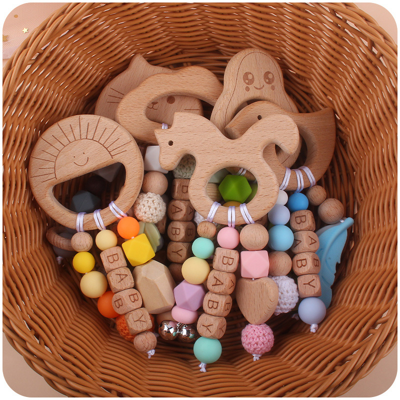 Baby Teether Toys Natural Wooden Silicone Teething Beads Newborn Teeth Practice Food Grade Soother Infant Feeding Cartoon Animals Kids Chew Toy