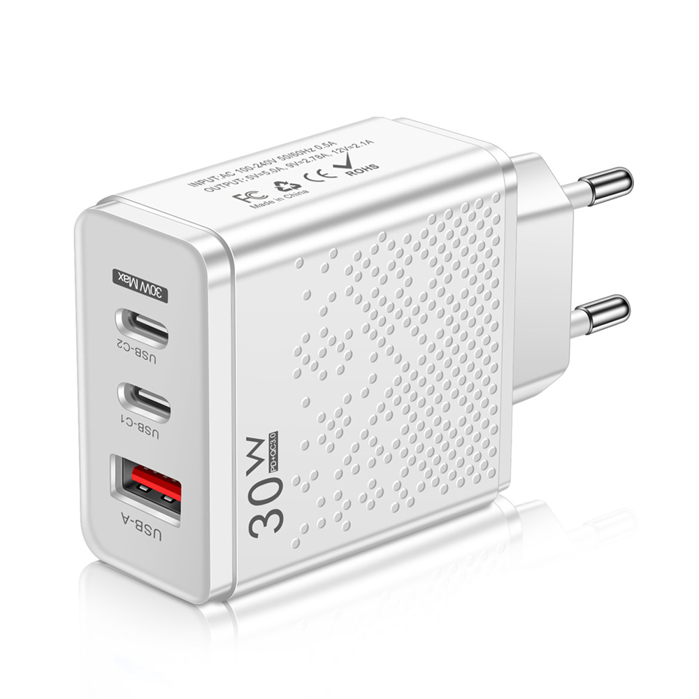 Caricabatterie USB-C da 30 W 3 porte PD USB tipo C Ricarica rapida Caricabatterie da muro con adattatore di alimentazione QC3.0 Spine US EU UK Iphone 15 Plus 14 13 Samsung Utral Pro Max Travel Home Smart Phone