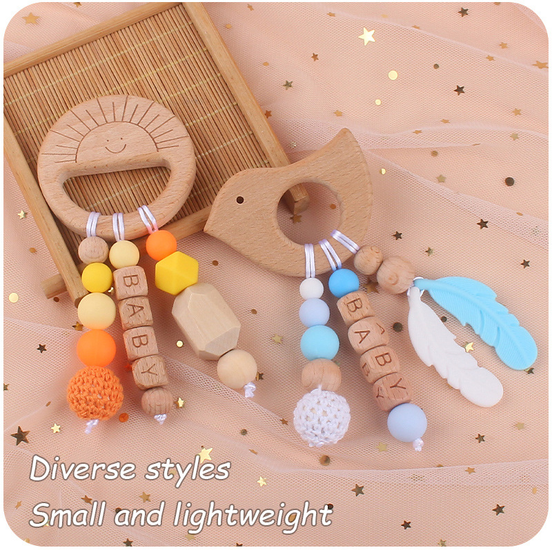 Baby Teether Toys Natural Wooden Silicone Teething Beads Newborn Teeth Practice Food Grade Soother Infant Feeding Cartoon Animals Kids Chew Toy