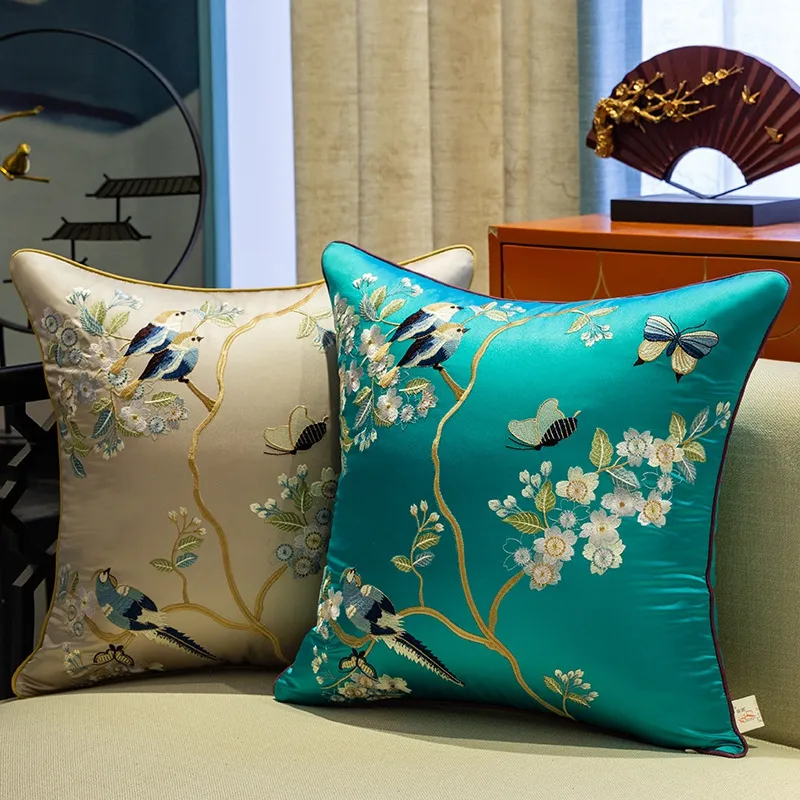 Federa divano del soggiorno con fiori e uccelli ricamati, nuova federa cuscino in stile classico cinese, comodino, grande copertura cuscino in vita