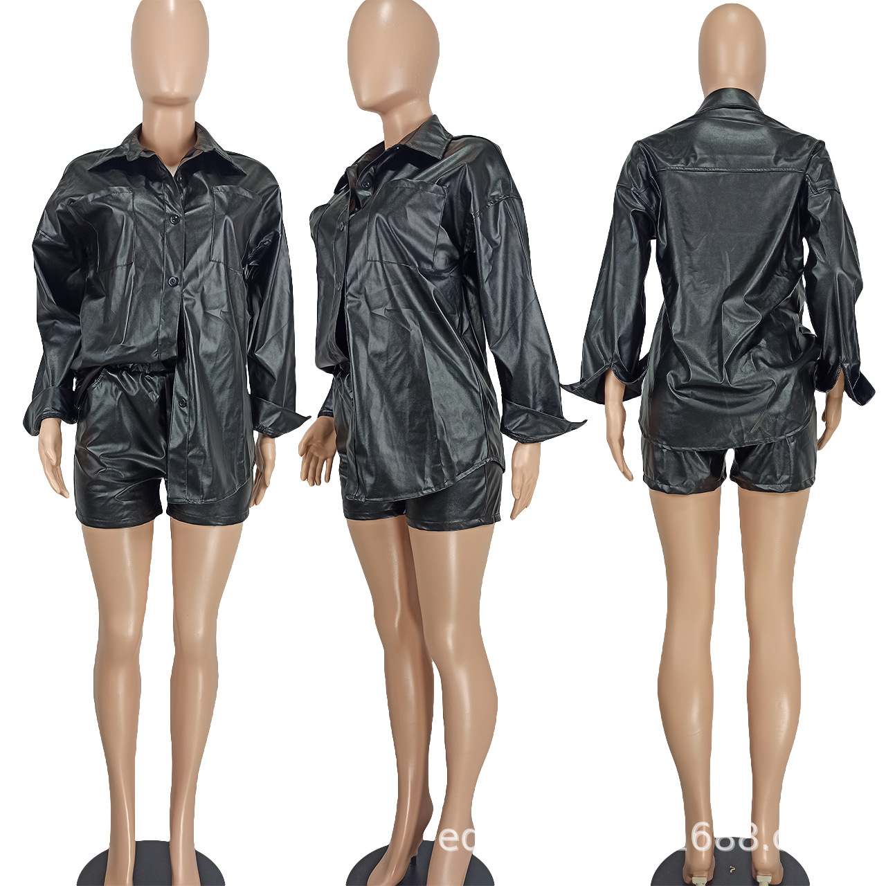 Black Pu Two Piece Pants Casual Outfits Women Fashion Leather Jacket and Shorts Set Free Ship