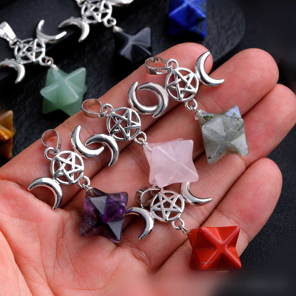 Moon Star Charms Natural Stone Crystal rzeźbia Merkaba Heksagram kwarcowy Agates Wisenda do tworzenia biżuterii naszyjnika