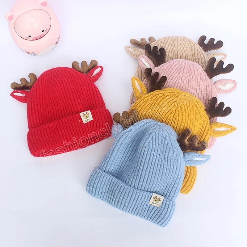 Carino corna di alce cappello da bambino spesso caldo morbido cotone lavorato a maglia ragazzo ragazza cappelli cofano neonato orecchio di cervo cappelli di natale