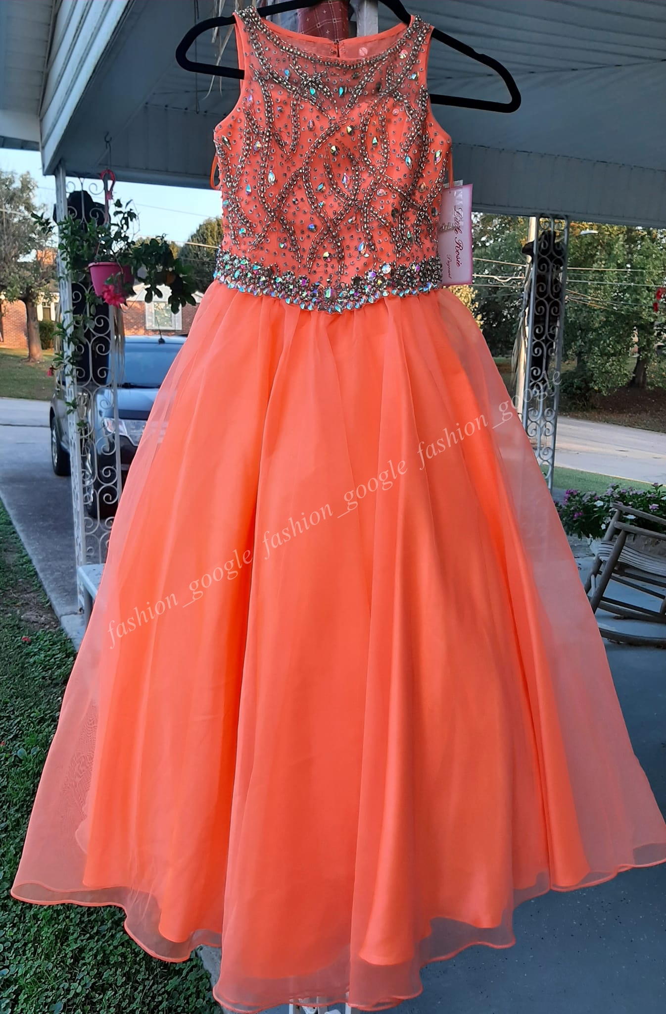 Robe de concours de beauté fille orange fluo 2024 corsage de cristaux de perles organza col rond petit enfant amusant mode piste drame robe de soirée cocktail formelle enfant en bas âge adolescent Miss roise