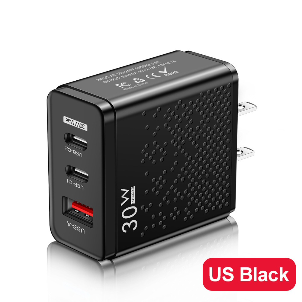 Caricabatterie USB-C da 30 W 3 porte PD USB tipo C Ricarica rapida Caricabatterie da muro QC3.0 Adattatore di alimentazione Spine US EU UK Iphone 15 Plus 14 13 11 Samsung Utral Pro Max Travel Home Smart Phone