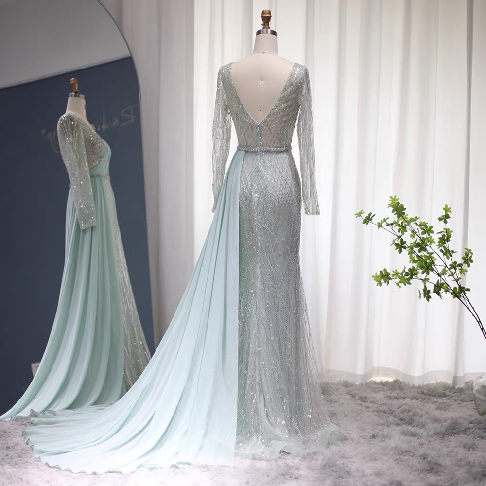 Heavy Industry Mermaid Evening Dresses Chiffon Long Sleeve Beaded Dress AS132