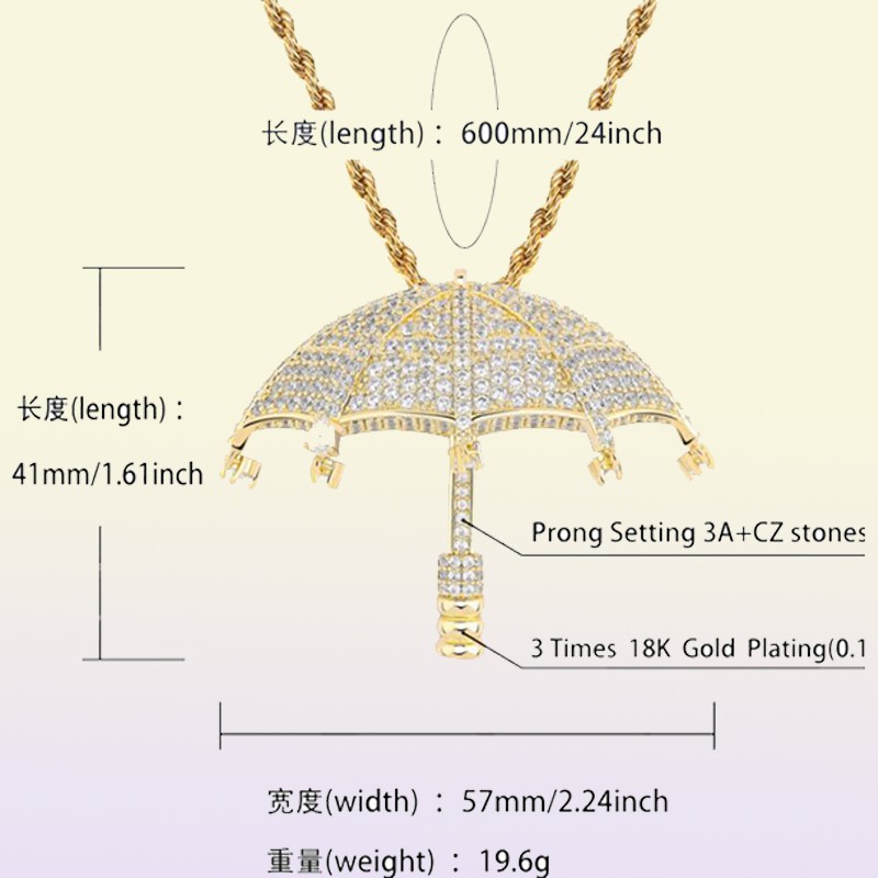 Hip hop guarda-chuva zircão pingente colar para homens liga dourada strass luxo corrente cubana moda jóias 292g8612136