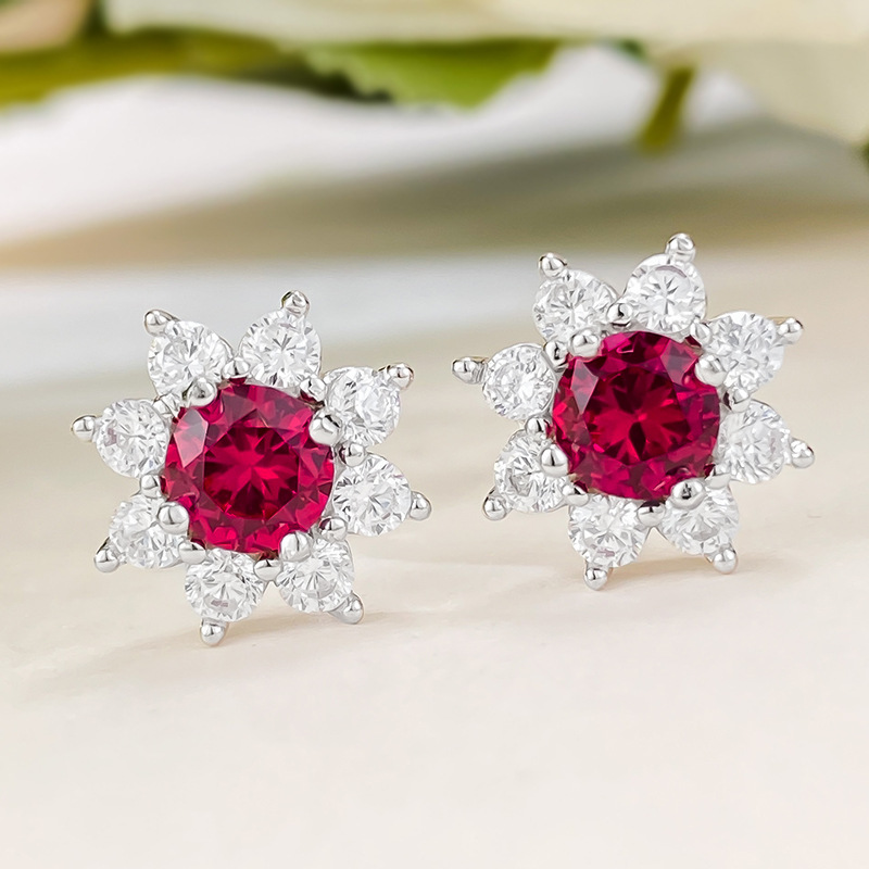 Charm Sunflower Ruby Diamond Dingle Earring 100% Real 925 Sterling Silver Wedding Drop Earrings for Women Brud Smyckespresent