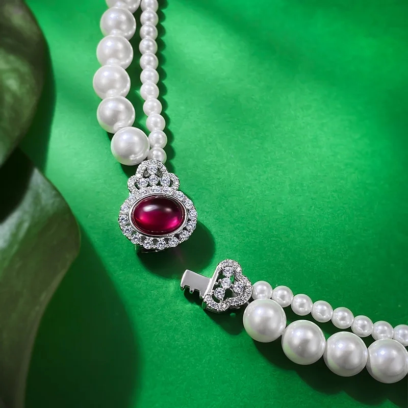 Queen Crown Pearl Ruby Diamond Naszyjnik 100% prawdziwy 925 Srebrny Srebrny STREBNE WEDNICZA Naszyjnik dla kobiet biżuteria