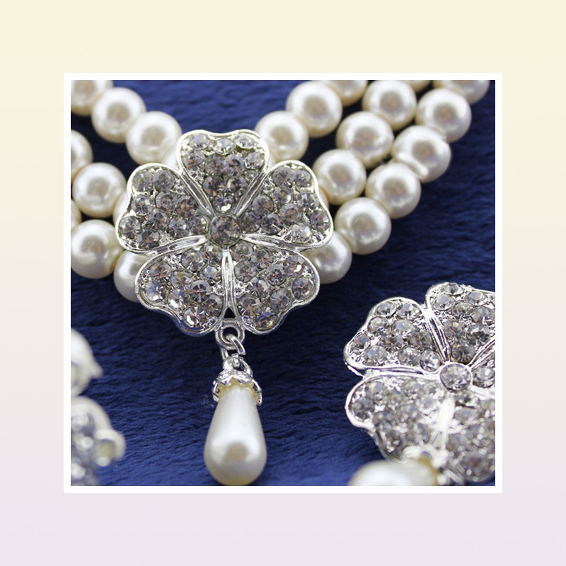 Rhodium Silver Tone Ivorycream Pearl Bridal Sieraden Set Bruiloft Ketting Bracelet en oorbellen Sets9161100