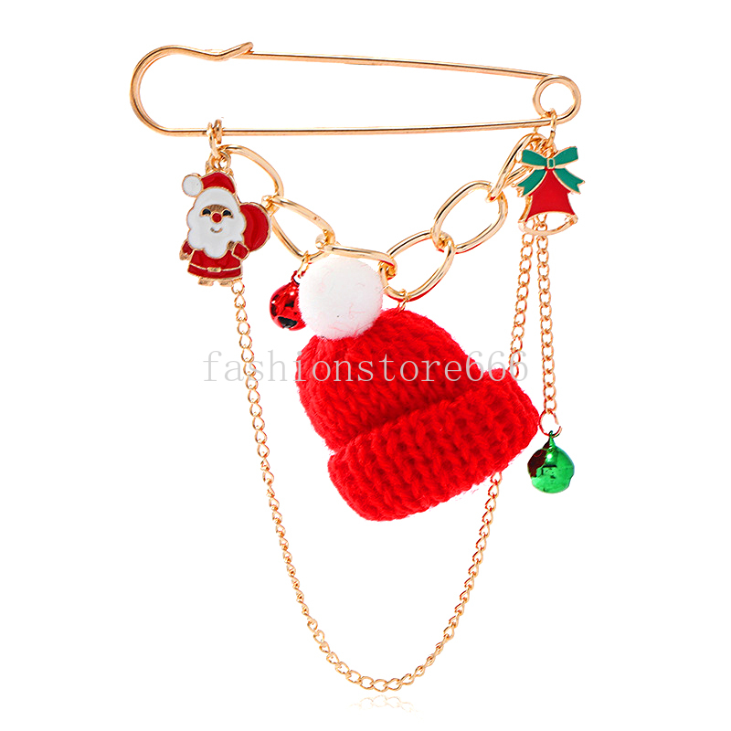 Broche de moda navideña, sombreros creativos de Papá Noel, cadena con borlas, alfileres de aguja grandes, broches de árbol de Navidad, regalo de joyería para mujer