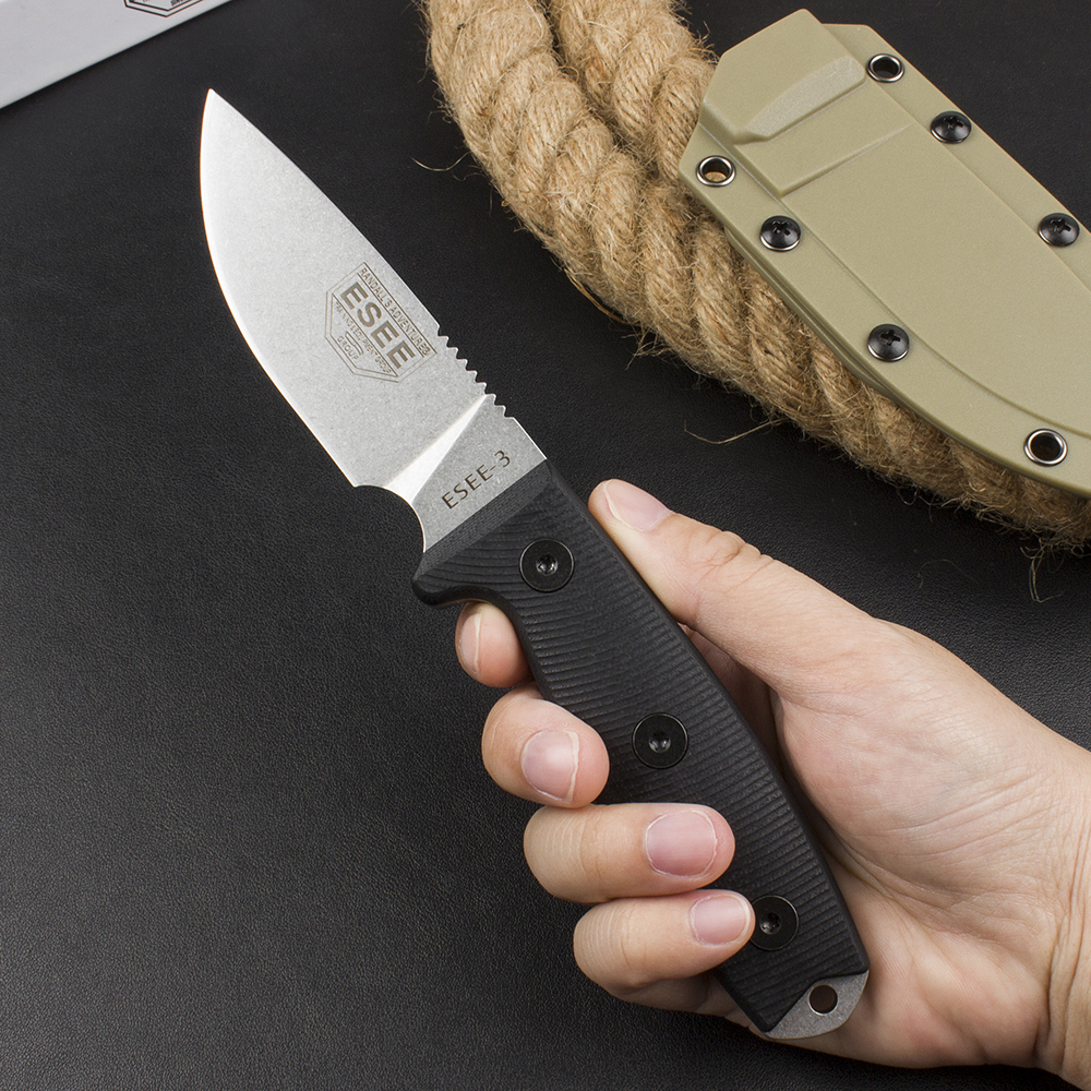 ESEE-3 Outdoor Survival Recht Mes 9Cr18Mov Stone Wash Blade Volledige Tang G10 Handvat Outdoor Vaste Blade Jachtmessen met Kydex