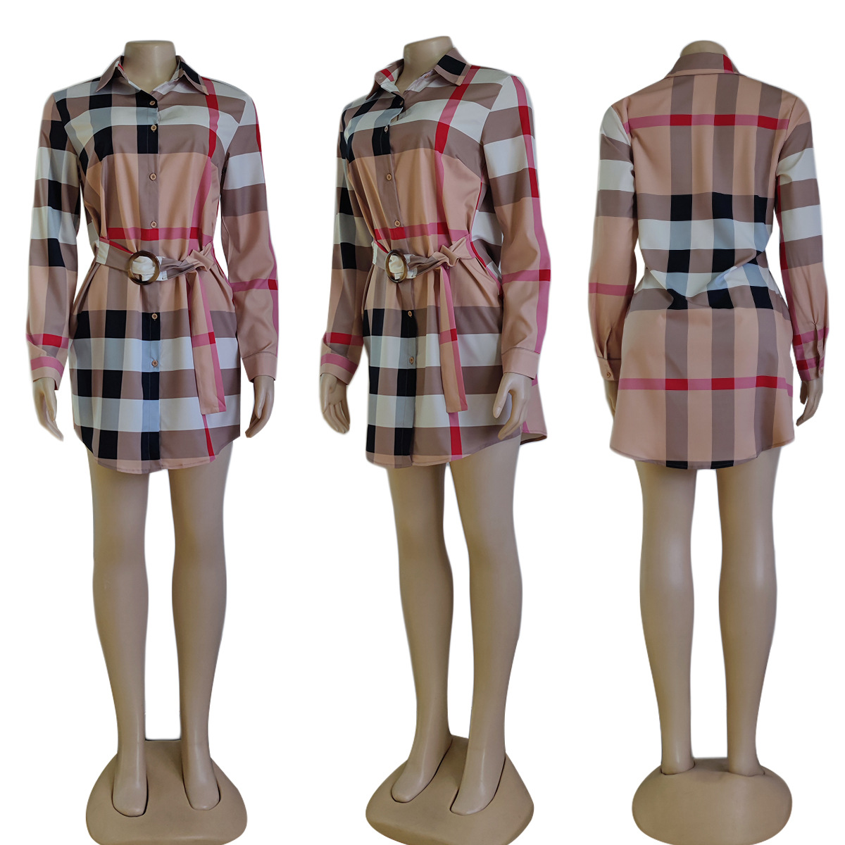 Plaid Shirt Dresses Women Casual Lapel Neck Long Sleeve Mini Dress with Sashes Free Ship