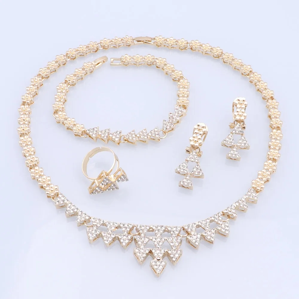 Italia warna emas Set perhiasan kristal kalung cincin anting Bangle perhiasan pengantin untuk pesta hadiah gratis pengiriman