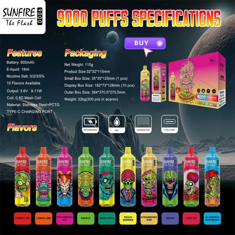 Sunfire 9000puffs Disposable E Cigarettes Pod Device Kit Rechargeable Battery 18ml Carts Prefilled Pods Vape Big Puff 7000 9000 10000 Puffs 7K 8K 9K 10K 12K Vapes