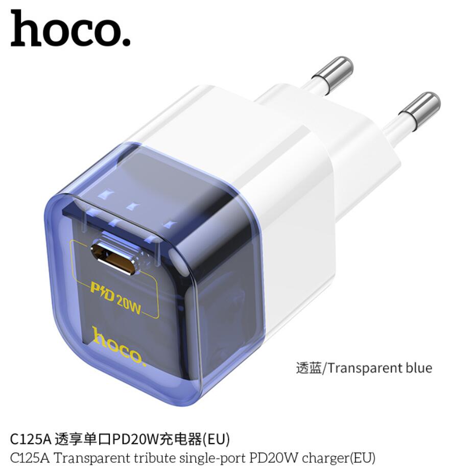 HOCO C125A USB C 18W 20W PD prise ue conception transparente chargeur rapide pour chargeur de téléphone portable avec kits de câbles type-c à type-c