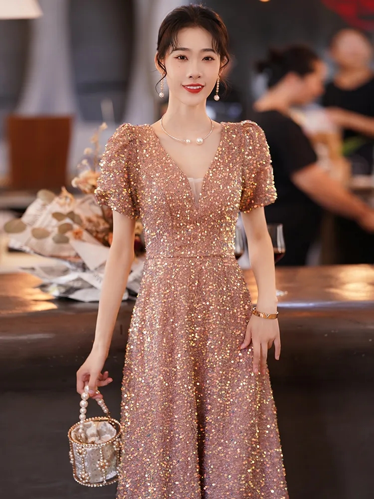 Elegant Long Evening Dresses V Neck Glitter Sequined with Short Sleeves A Line Tea Length Party Gowns for Women