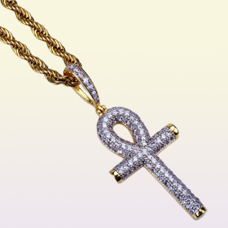 Hip Hop Egyptian Ankh Key Pendant Necklace Iced Out Gold Silver Color Plated Micro Paved Zircon Pendant Necklace8141562