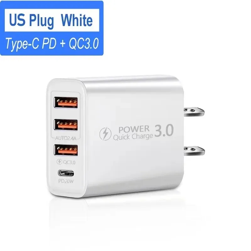 PD 20W Snabbladdning 3.0 USB C Fast Chargers Power 3USB 3A PD Hemväggladdning Typ C Adapter för iPhone 15 14 13 Pro Max Samsung Tablet