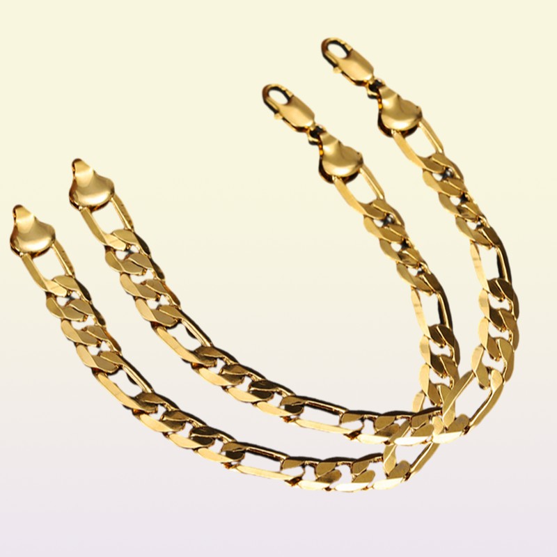 Mens 24 k Solid Gold GF 10mm Italian Figaro Link Chain Bracelet 87 Inches Jewelry74503705496139