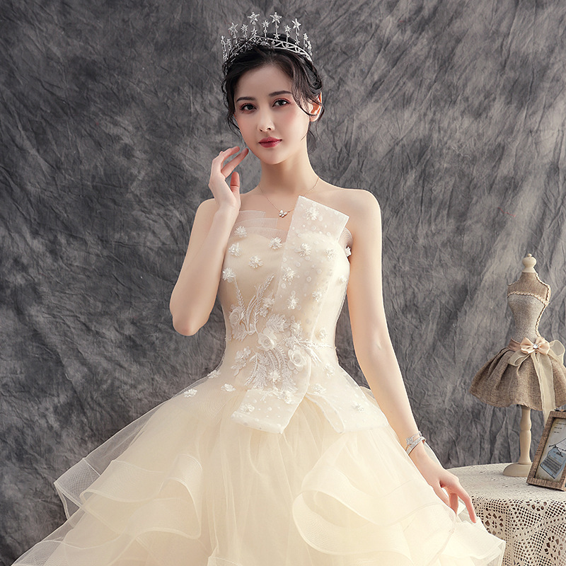 웨딩 드레스 샴페인 색상 어깨 신부 가운 새로운 스타일 웨딩 부티크