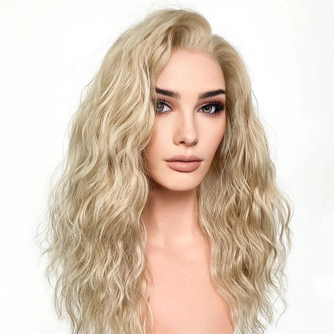 Deep Water Wave Light Ash Blonde High Temperature Fiber Synthetic Lace Front Wigs with Baby Hair 180Density Glueless Lace Wigs