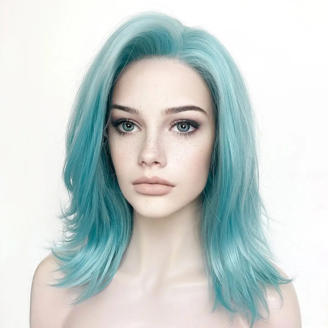 Himmelblaue blonde kurze Bob-Perücke aus synthetischer Hochtemperaturfaser mit Spitzenfront, leimlos, 180 Dichte, Bob-Schnitt, transparente Spitzenperücken