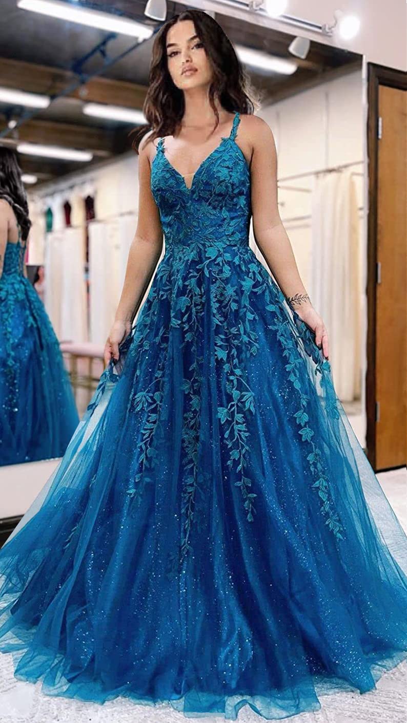 Glitter Tulle Prom Dresses Women Lace Appliques Long Ball Gwons with Spaghetti Straps A-Line Evening Dresses