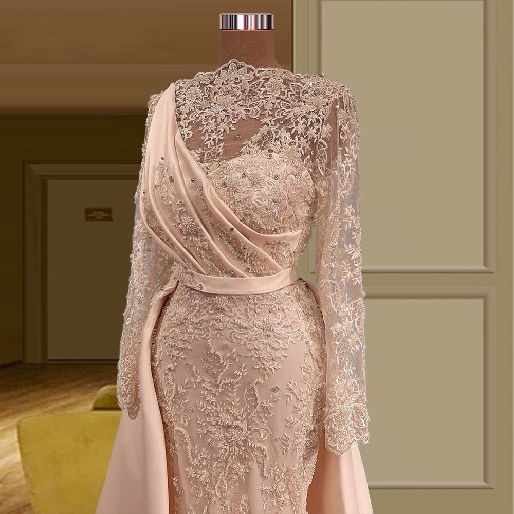 2023 Pink Arabic Evening Dresses Wear Mermaid Jewel Neck Lace Appliques Crystal Beads Overskirts Prom Dress Formal Party Second Reception Gowns Long Sleeves