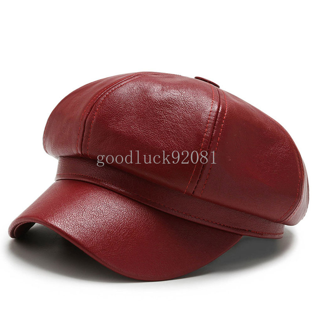 Vintage Unisex PU Leather Beret Caps Spring Autumn Hats For Women Men Black Flat Top Captain Cap Travel Cadet Hat