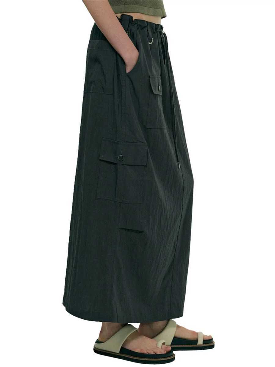 Rokken Lange cargorok voor dames Effen kleur Taille Trekkoord Multi Pocket Rechte streetwear Los