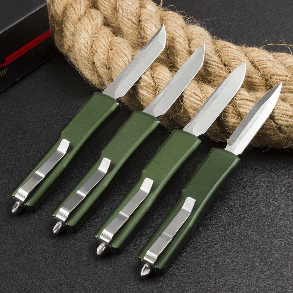 High Quality H1097 High End Small AUTO Tactical Knife D2 Satin Blade CNC Green Aviation Aluminum Handle Outdoor Mini EDC Pocket Knives with Nylon Bag